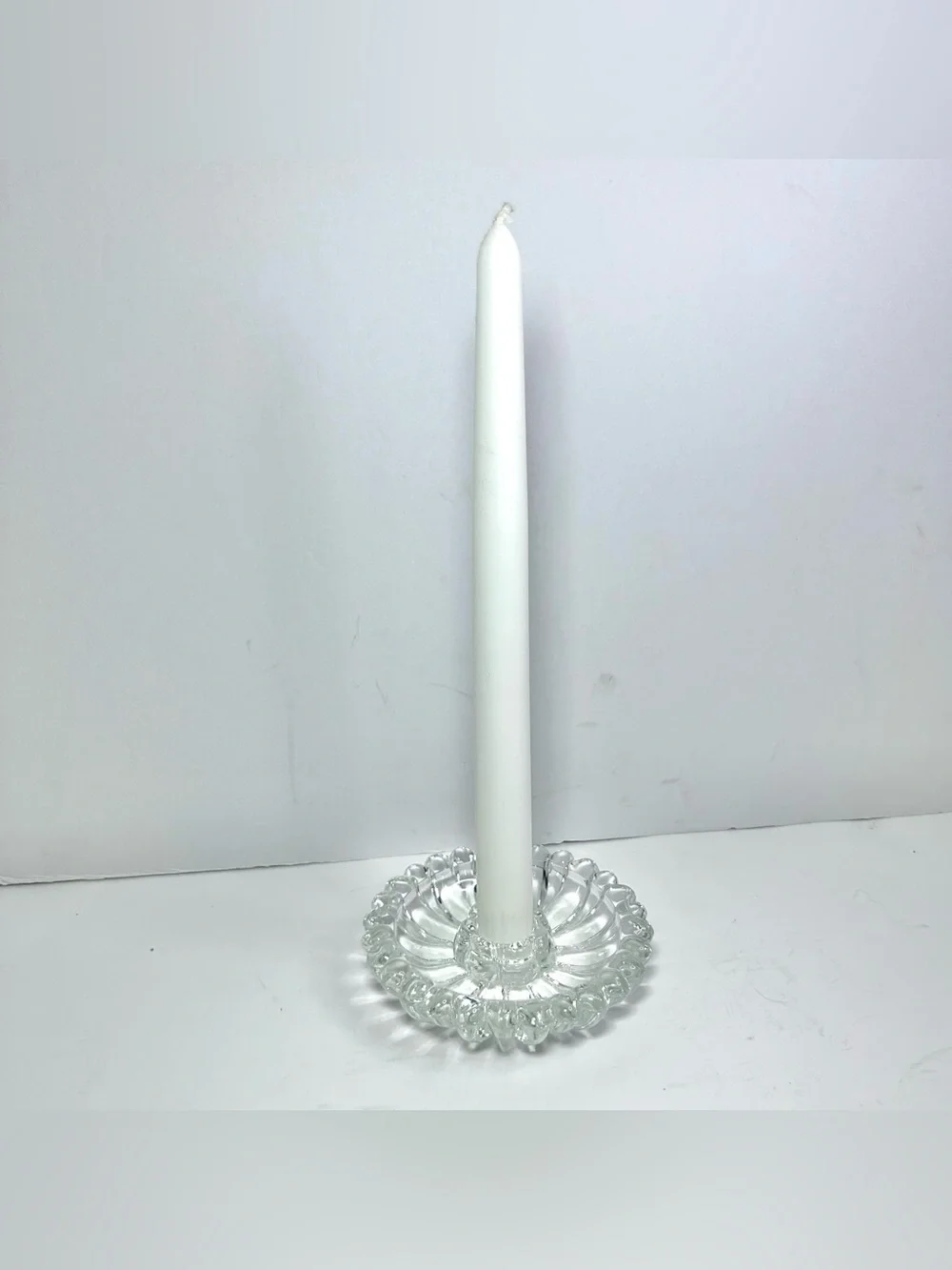 4 Vintage Clear Glass Daisy Patterned Taper Candle Holders